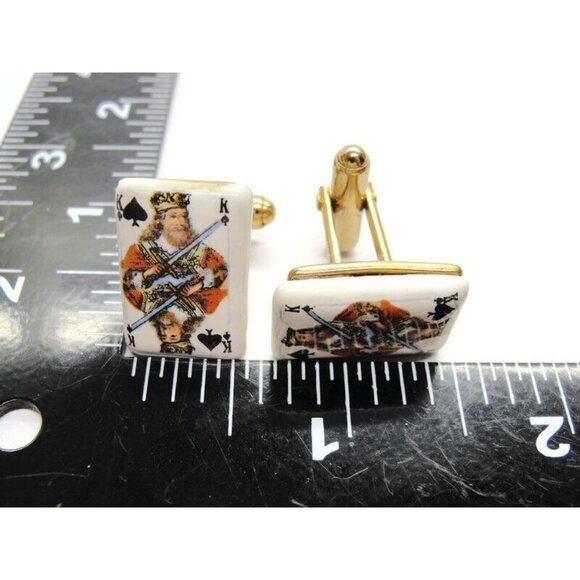 King of Spades Porcelain Cufflinks Gold Tone Tux Shirt Dress Suit Vintage - Picture 6 of 11